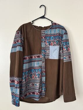 ChArmkpR Boho Patchwork Corduroy Blouse Long Sleeve Button Top Brown Size L